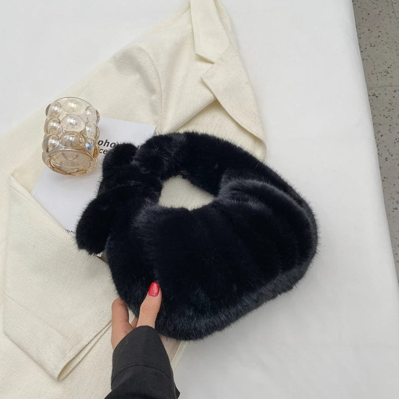 Women Western Style Plush Handbag Underarm Bag Tote Bag