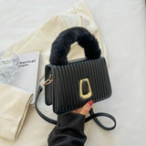 Striped Pu Leather Crossbody Bag Plush Handle Shoulder Bag Women Handbag