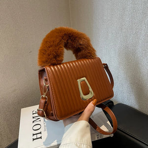 Striped Pu Leather Crossbody Bag Plush Handle Shoulder Bag Women Handbag