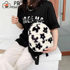 Preppy Style Women Flowers Printing Plush Backpack