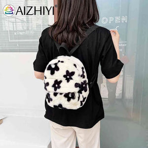 Preppy Style Women Flowers Printing Plush Backpack