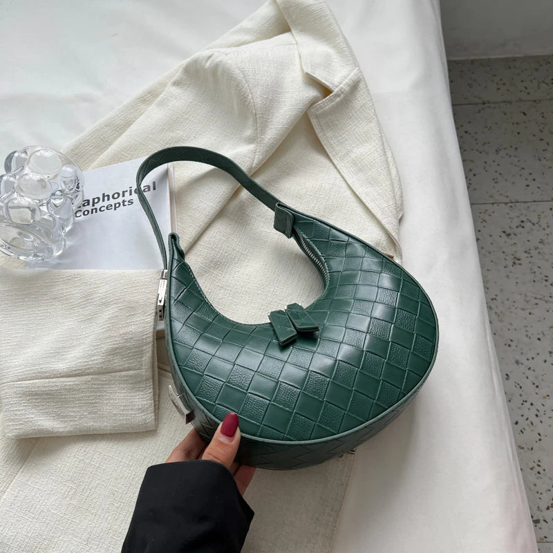 Half Moon Shoulder Bag Small Pu Leather Woven Bag Underarm Handbag