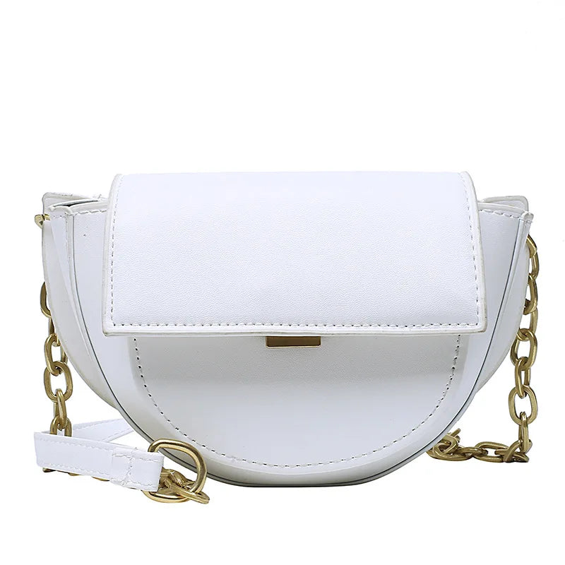 Women Small Saddle Bag PU Leather Solid Chain Lady Shoulder Bag