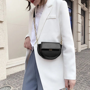 Women Small Saddle Bag PU Leather Solid Chain Lady Shoulder Bag