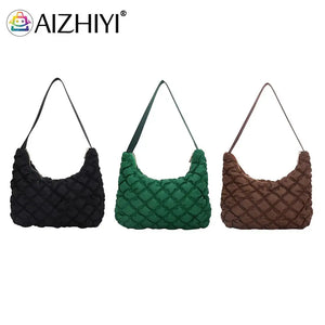 Quilted Cotton Padded Armpit Bag Women Mini Grid Crescent Shoulder Bag