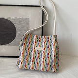 Rainbow Woven Shoulder Bag Women Large Capacity Texture Beach Bags