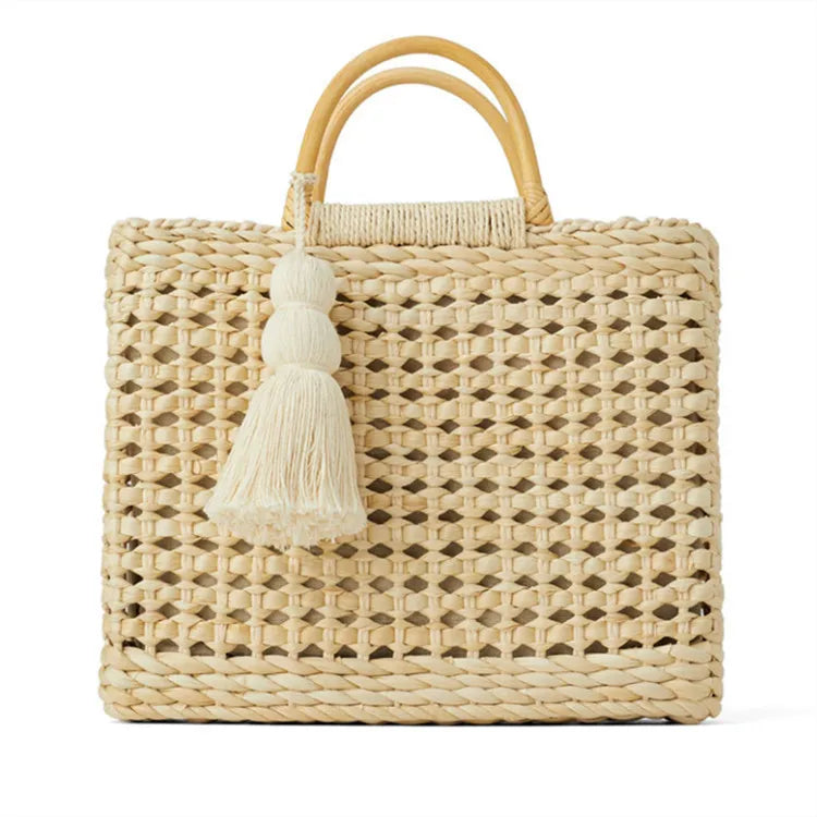 Rattan Hollow Handbag Natural Straw Tote Lady Shoulder Bag