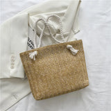 Women Rattan Shoulder Bag Drawstring Woven Handbag Large Capacity