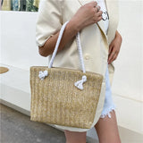 Women Rattan Shoulder Bag Drawstring Woven Handbag Large Capacity