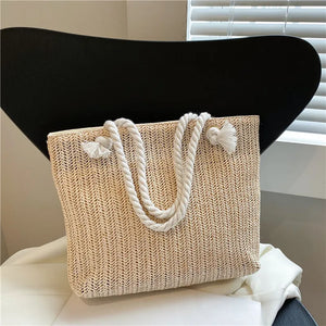 Women Rattan Shoulder Bag Drawstring Woven Handbag Large Capacity