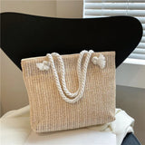 Women Rattan Shoulder Bag Drawstring Woven Handbag Large Capacity