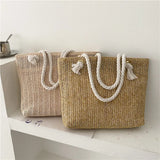 Women Rattan Shoulder Bag Drawstring Woven Handbag Large Capacity