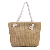 Women Rattan Shoulder Bag Drawstring Woven Handbag Large Capacity