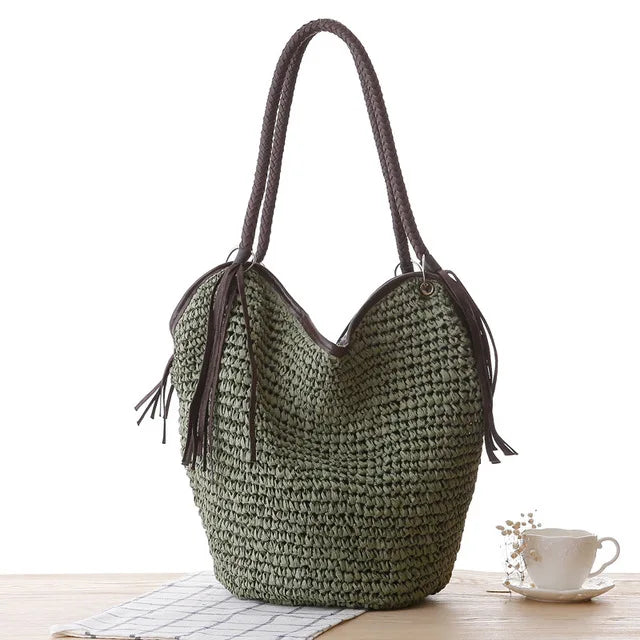Rattan Women Shoulder Bags Wicker Woven Handbags Large Capacity Tote Purses