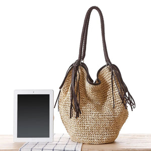 Rattan Women Shoulder Bags Wicker Woven Handbags Large Capacity Tote Purses