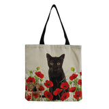 Red Floral Cat Printing Women Handbag Foldable High Capacity Tote Bags