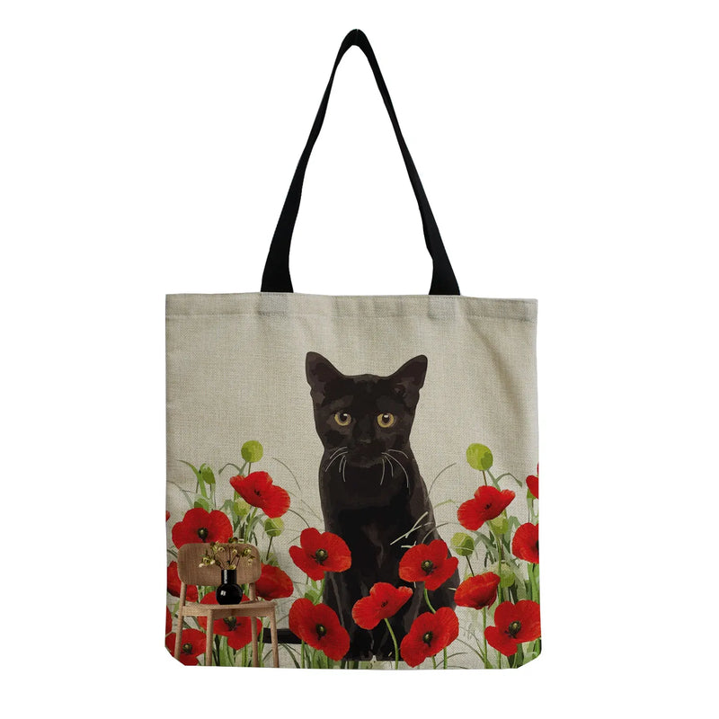 Red Floral Cat Printing Women Handbag Foldable High Capacity Tote Bags