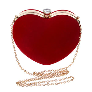 Red Heart Shaped Diamonds Evening Bag Chain Shoulder Purse Clutch