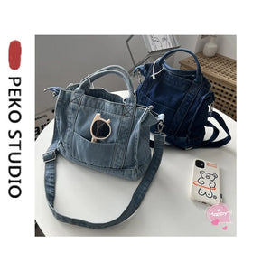 Retro Denim Jeans Embroidery Casual Tote Girl Shoulder Bags Soft