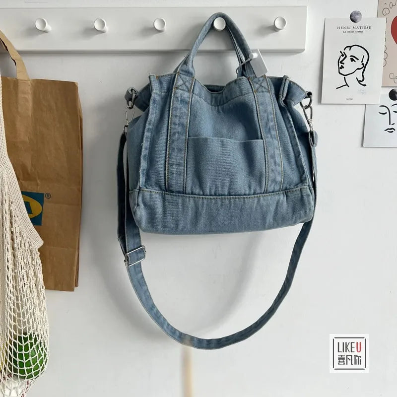 Retro Denim Jeans Embroidery Casual Tote Girl Shoulder Bags Soft
