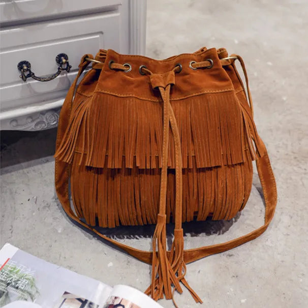 Retro Faux Suede Fringe Women Messenger Bags Tote Handbag Tassel Shoulder