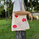 Retro Knitted Shoulder Bag Beach Mesh Hollow Flower Woven Tote Handbag
