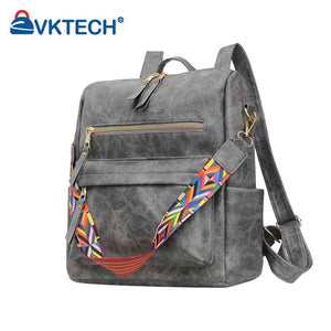 Retro PU Leather Backpack Embroidered Strap Teen Travel Bag