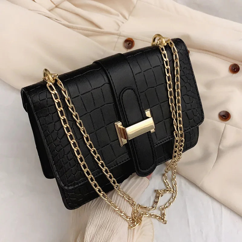 Retro Small Shoulder Bag Solid Stone Pattern Chain Casual Messenger Bag