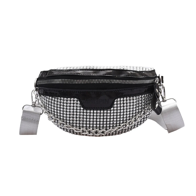 Rhinestone Fanny Chest Pack Women Chain Zipper Waist Phone Belt Pouch