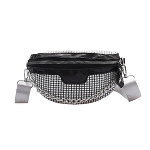 Rhinestone Fanny Chest Pack For Women Chain Zipper Waist Phone Belt Pouch