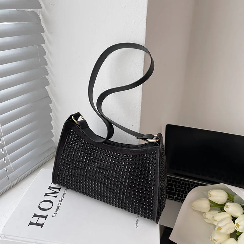 Rhinestone Handbag Women Shoulder Underarm Bag Purse PU Leather Diamond Evening