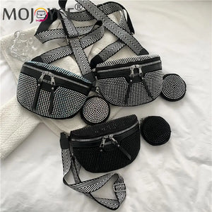 Rhinestone Waist Belt Bag Shoulder Crossbody PU Leather Chest Phone Pack Women