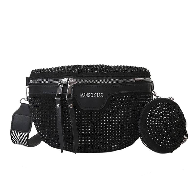 Rhinestone Waist Belt Bag Women Chest Crossbody Pack PU Bling Fanny Pack