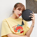 Rhombus Embossed Small Round Bag with Tassel Shoulder Strap