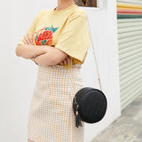 Rhombus Embossed Small Round Bag with Tassel Shoulder Strap