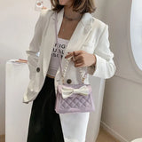 Rhombus Lattice Handbag Women Bow Square Bag Solid Crossbody Shoulder Bag