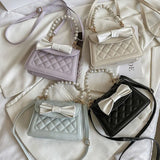 Rhombus Lattice Handbag Women Bow Square Bag Solid Crossbody Shoulder Bag