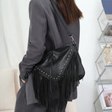 Rivet Shoulder Bag with Tassel PU Leather Solid Flap Ladies Purses and Handbags