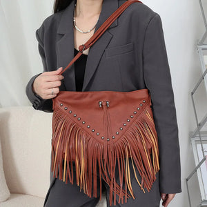 Rivet Shoulder Bag with Tassel PU Leather Solid Flap Ladies Purses and Handbags