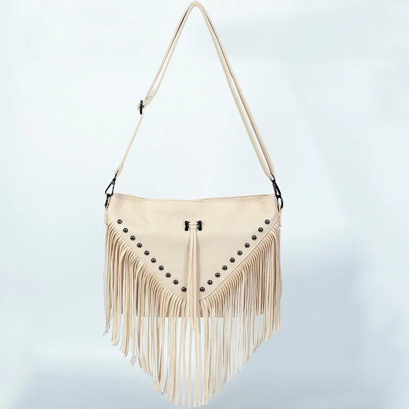 Rivet Shoulder Bag with Tassel PU Leather Solid Flap Ladies Purses and Handbags