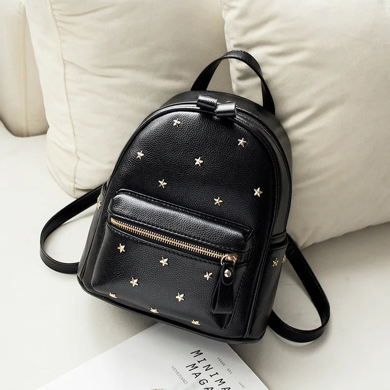 Small Rivet Women Backpack for Girls PU Leather Travel Shoulder Bag