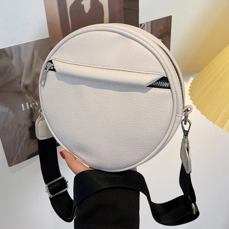 Women's Round Shoulder Bag PU Leather Handle Wide Strap Handbag Tote Bolsa