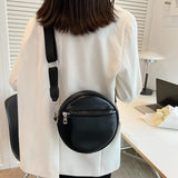 Women's Round Shoulder Bag PU Leather Handle Wide Strap Handbag Tote Bolsa