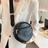 Women's Round Shoulder Bag PU Leather Handle Wide Strap Handbag Tote Bolsa
