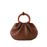 Ruched Shoulder Bags Wooden Handle Handbag Soft PU Leather Crossbody Bag