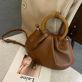 Ruched Shoulder Bags Wooden Handle Handbag Soft PU Leather Crossbody Bag