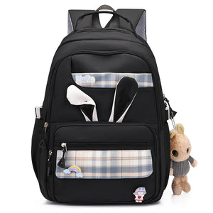 Girl Rabbit Student Backpack Large Capacity Travel Book Backpack Plaid