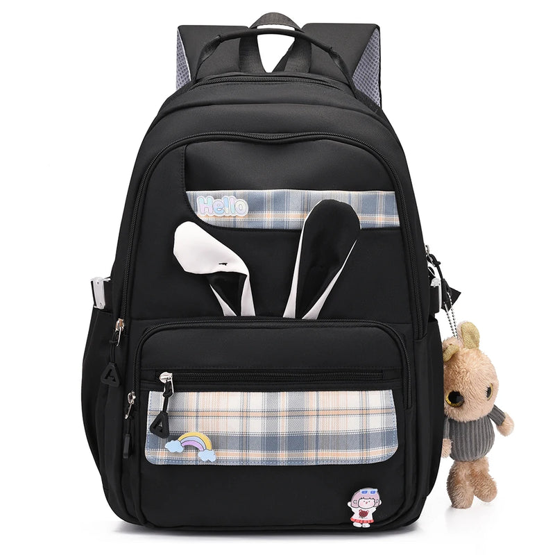 Girl Rabbit Student Backpack Large Capacity Travel Book Backpack Plaid
