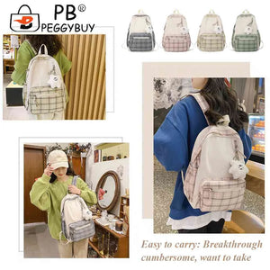 Nylon School Backpack Travel Daypacks Cartoon Pendant Plaid