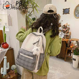 Nylon School Backpack Travel Daypacks Cartoon Pendant Plaid